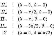 \begin{eqnarray*}
H_s & : & (\lambda = 0, \; \theta=0) \\
H_e & : & (\lambda = ...
... \pi/2, \; \theta=0) \\
Z & : & (\lambda = 0, \; \theta=\pi/2)
\end{eqnarray*}